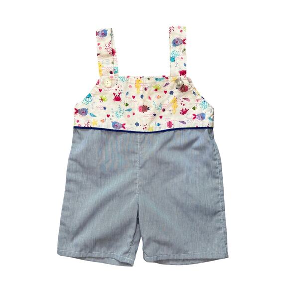 Handmade Blue White Stripe Seersucker Romper Overalls Fish Summer Nautical 2T - Picture 1 of 4
